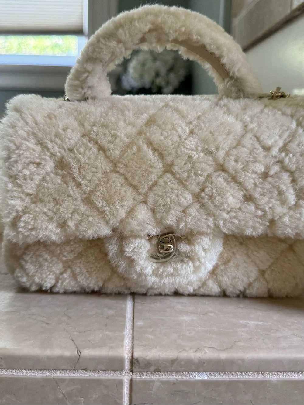 CHANEL Cream Shearling Mini Flap Top-Handle Bag